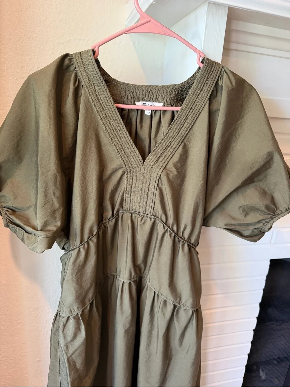 Madewell Olive Green Midi Dress XXS Puff Sleeve Cotton Tiered Boho Cottagecore - Picture 3 of 6
